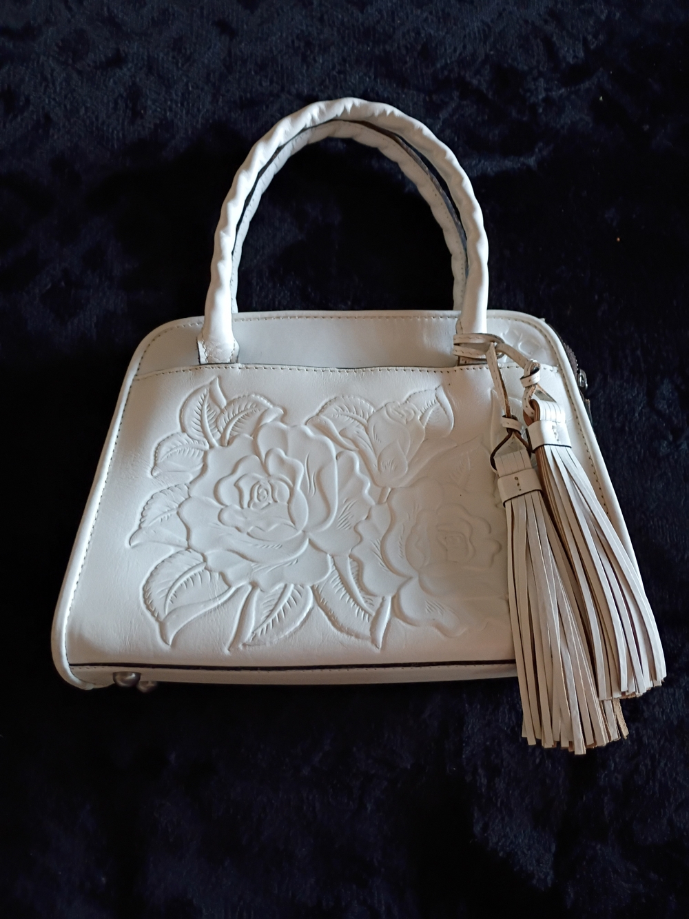Patricia Nash White Embossed Rose Satchel with Tassel